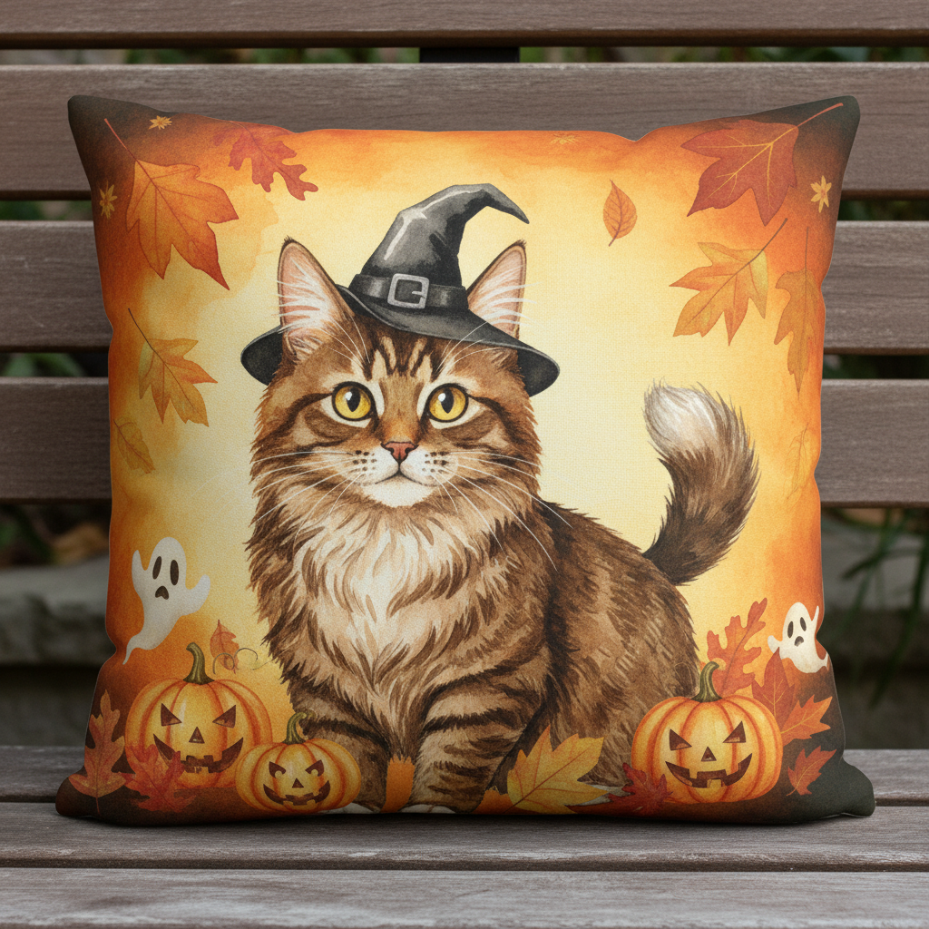 Cat in Fall Leaves Throw Pillow