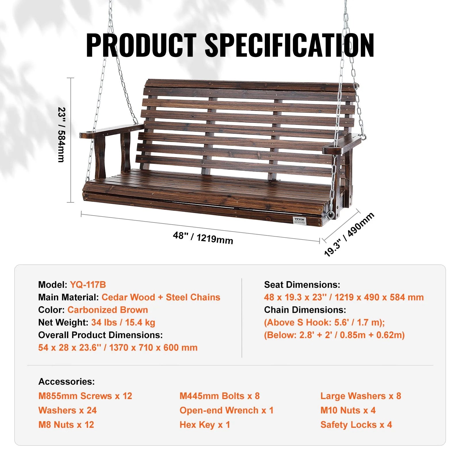 VEVOR Wooden Porch Swing 4.5 Ft, Patio Bench Swing for Courtyard & Garden, Upgraded 880 Lbs Strong Load Capacity, Heavy Duty Swing Chair Bench with Hanging Chains for Outdoors, Carbonized Brown
