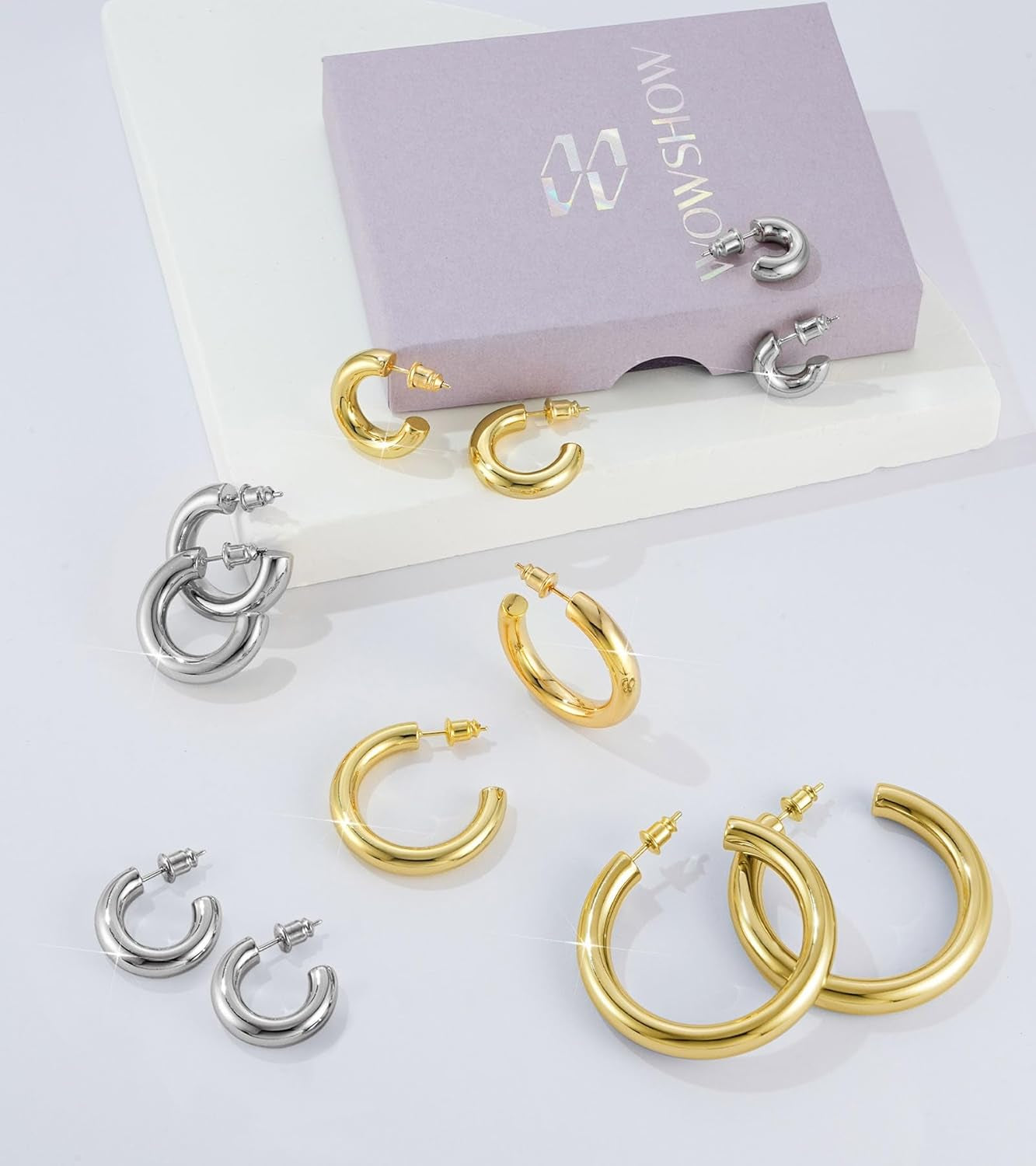 Gold Hoop Earrings, 14K Real Gold Plated Chunky Small Hoop Earrings for Women Lightweight Jewelry Gifts 14/20/30/35/45MM