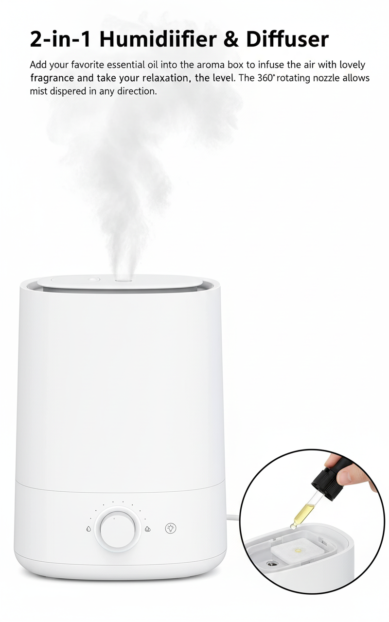 Humidifiers for Bedroom Large Room, 4.5L Cool Mist Humidifiers & Essential Oils Diffuser, Easy to Clean, Auto Shut-Off, Quiet Ultrasonic Top Fill Air Humidifier for Plant, Large Room, Home, White