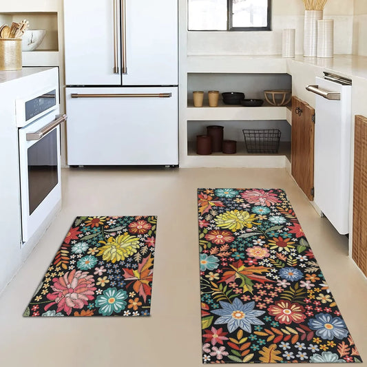 Boho Floral Kitchen Rug Mat Set of 2 Spring Colorful Flowers Kitchen Rugs Washable Non Slip Summer Kitchen Floor Mats
