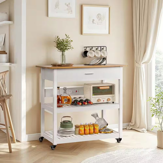 Stylish and Versatile Kitchen Island Cart on Wheels - 40-Inch Rolling Utility Cart with Power Strip and Adjustable White Wood Top for Enhanced Kitchen Storage and Functionality