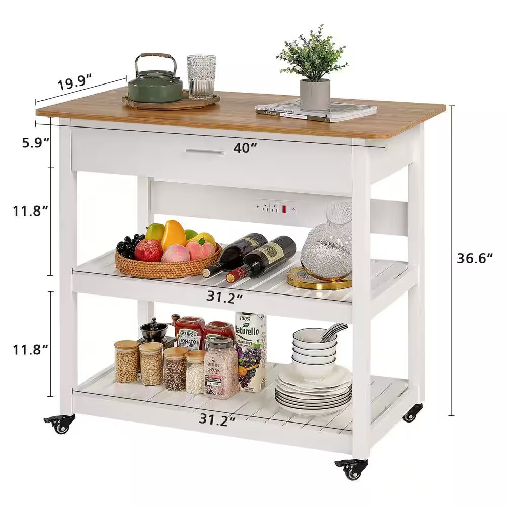 Stylish and Versatile Kitchen Island Cart on Wheels - 40-Inch Rolling Utility Cart with Power Strip and Adjustable White Wood Top for Enhanced Kitchen Storage and Functionality