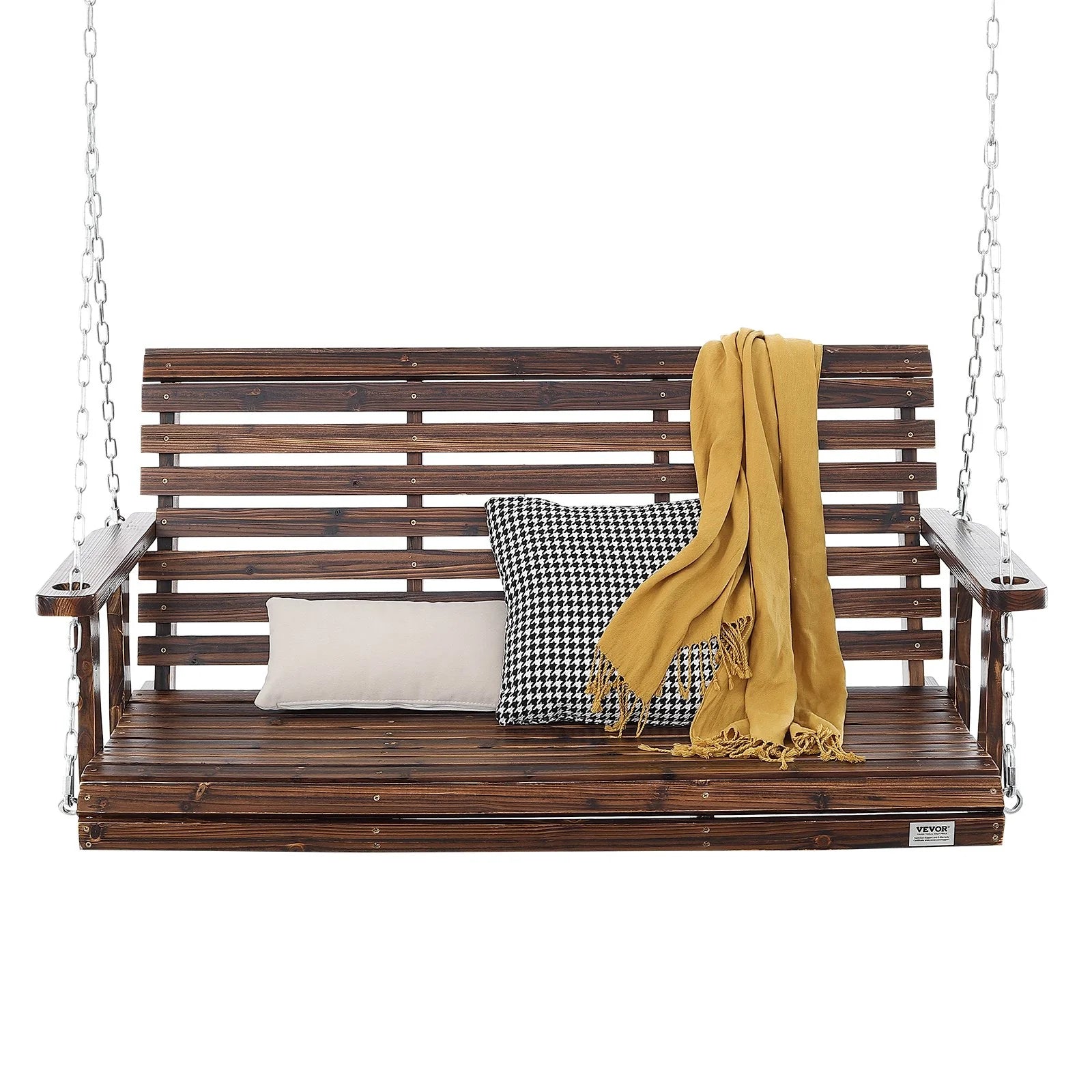 VEVOR Wooden Porch Swing 4.5 Ft, Patio Bench Swing for Courtyard & Garden, Upgraded 880 Lbs Strong Load Capacity, Heavy Duty Swing Chair Bench with Hanging Chains for Outdoors, Carbonized Brown