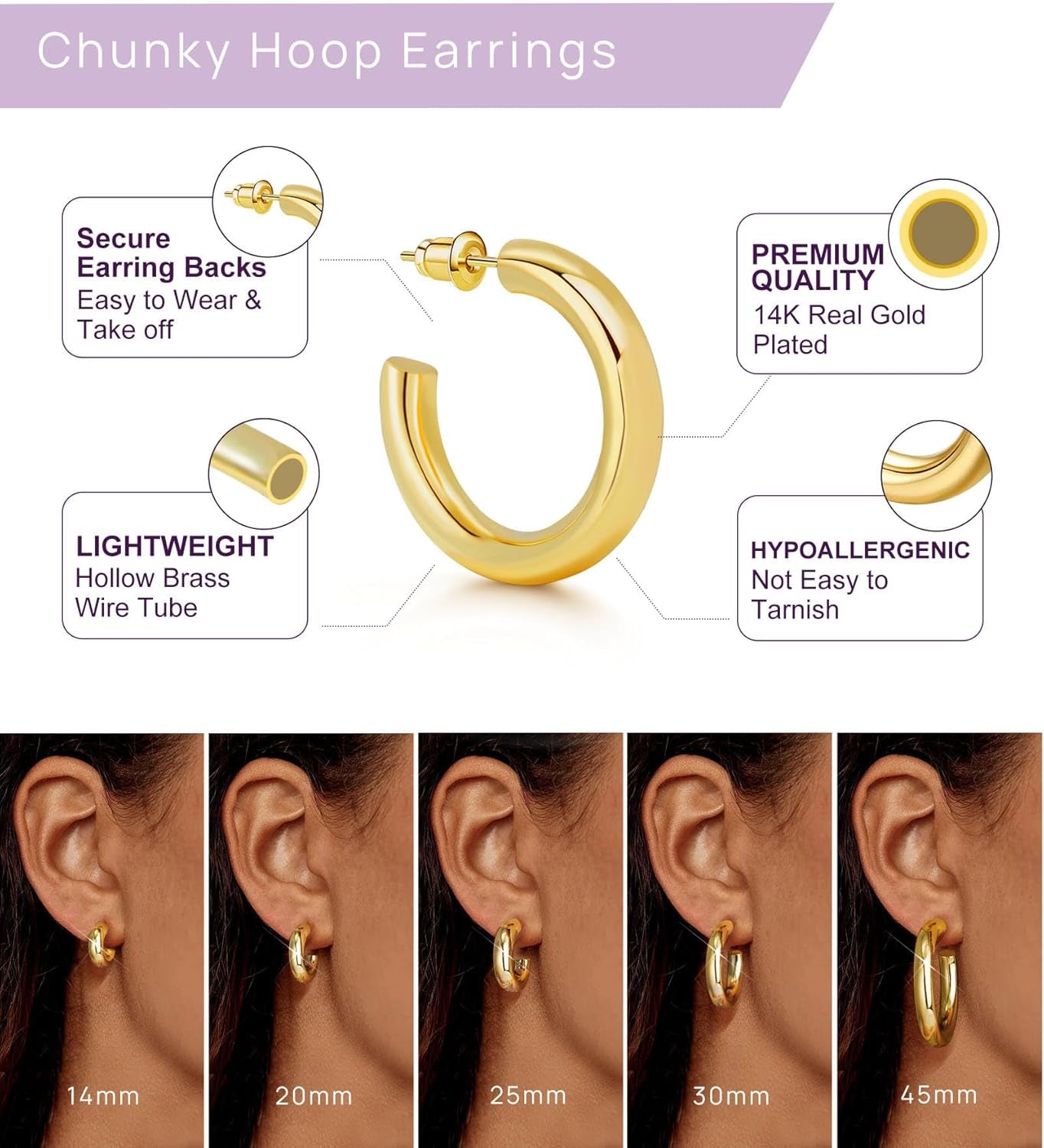 Gold Hoop Earrings, 14K Real Gold Plated Chunky Small Hoop Earrings for Women Lightweight Jewelry Gifts 14/20/30/35/45MM