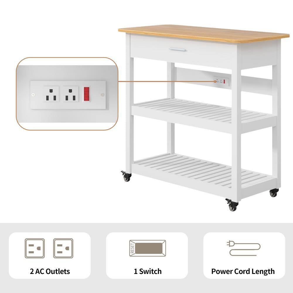 Stylish and Versatile Kitchen Island Cart on Wheels - 40-Inch Rolling Utility Cart with Power Strip and Adjustable White Wood Top for Enhanced Kitchen Storage and Functionality