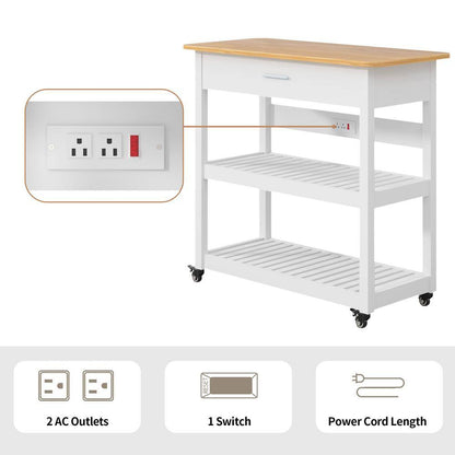 Stylish and Versatile Kitchen Island Cart on Wheels - 40-Inch Rolling Utility Cart with Power Strip and Adjustable White Wood Top for Enhanced Kitchen Storage and Functionality