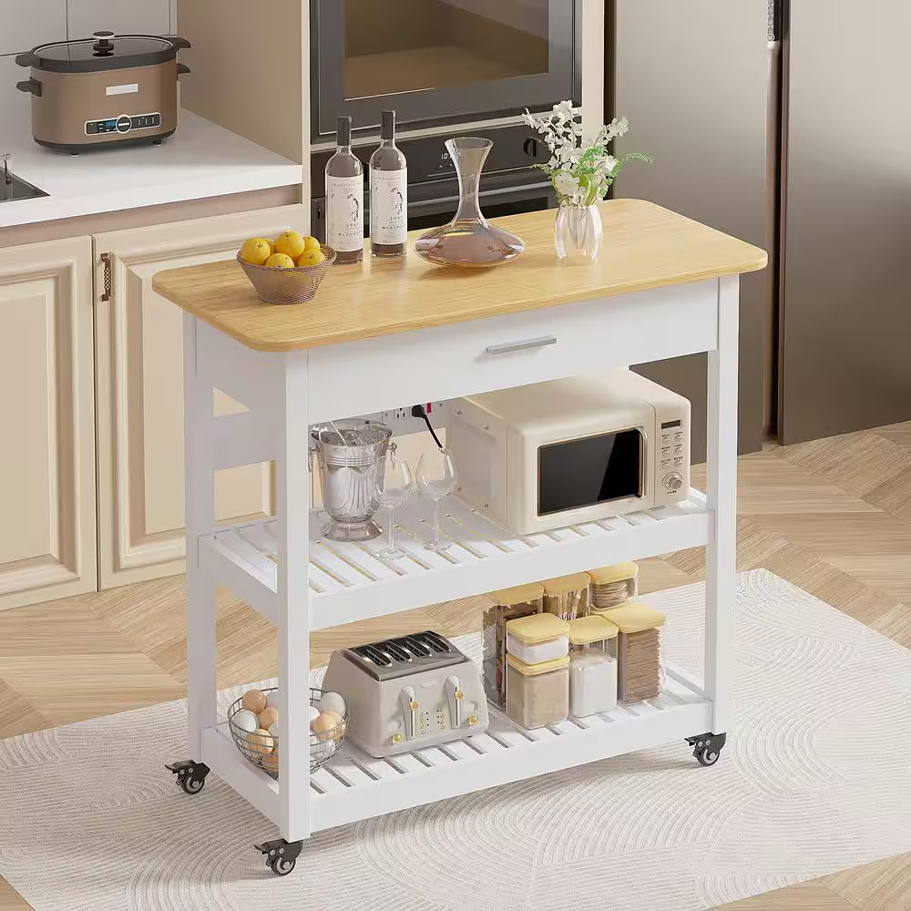 Stylish and Versatile Kitchen Island Cart on Wheels - 40-Inch Rolling Utility Cart with Power Strip and Adjustable White Wood Top for Enhanced Kitchen Storage and Functionality