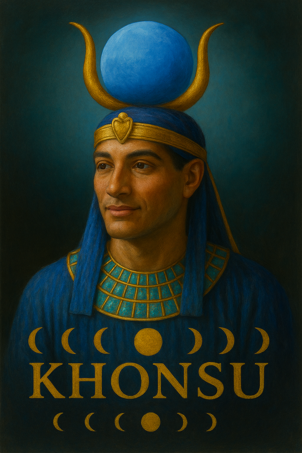 Illustration of a character named Khonsu wearing an Egyptian-style headdress with blue and gold colors.