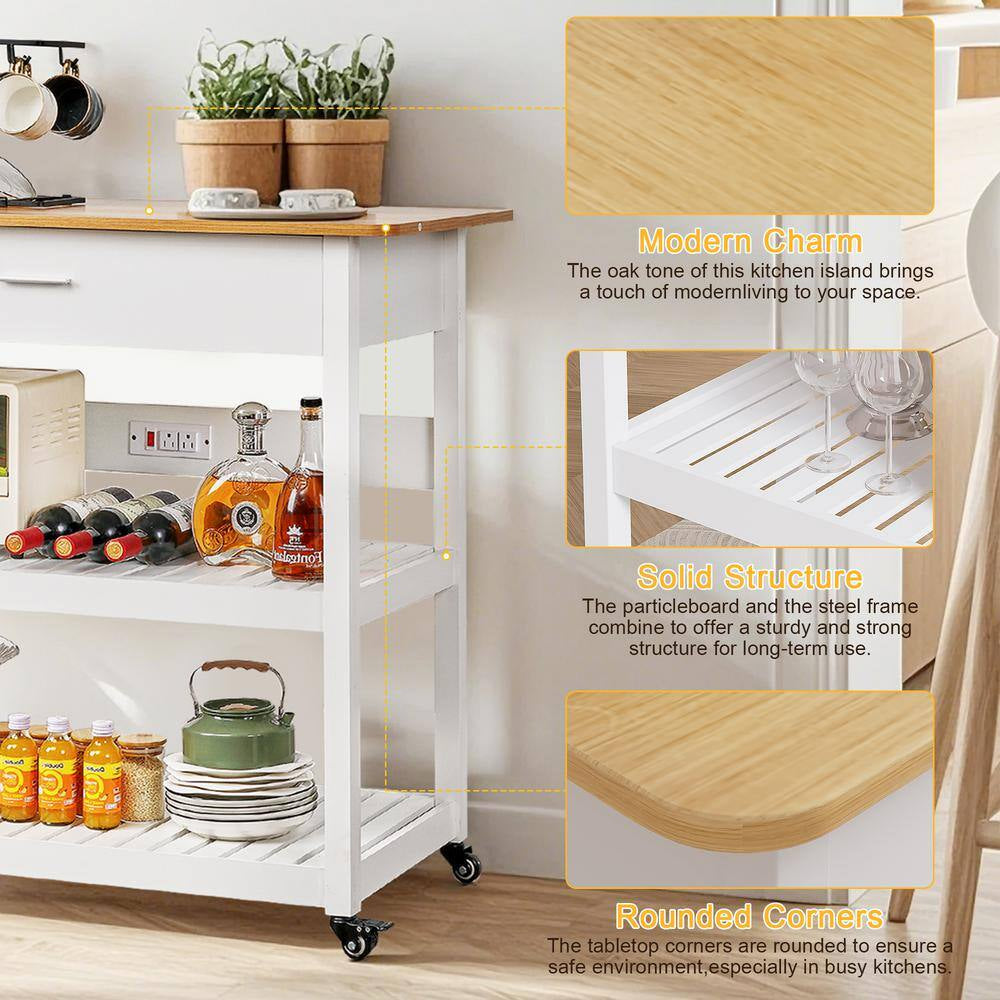 Stylish and Versatile Kitchen Island Cart on Wheels - 40-Inch Rolling Utility Cart with Power Strip and Adjustable White Wood Top for Enhanced Kitchen Storage and Functionality