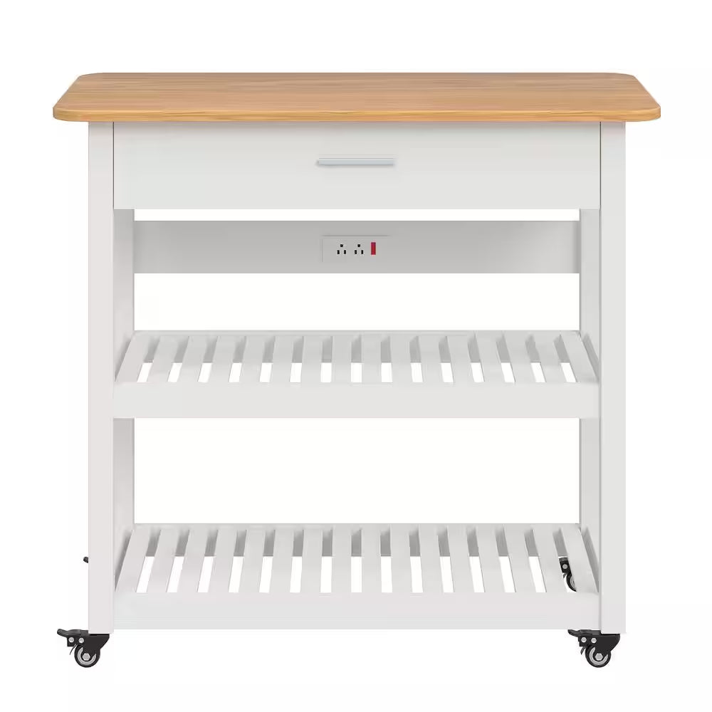 Stylish and Versatile Kitchen Island Cart on Wheels - 40-Inch Rolling Utility Cart with Power Strip and Adjustable White Wood Top for Enhanced Kitchen Storage and Functionality