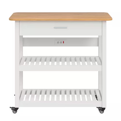 Stylish and Versatile Kitchen Island Cart on Wheels - 40-Inch Rolling Utility Cart with Power Strip and Adjustable White Wood Top for Enhanced Kitchen Storage and Functionality
