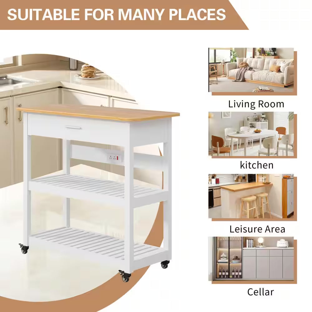 Stylish and Versatile Kitchen Island Cart on Wheels - 40-Inch Rolling Utility Cart with Power Strip and Adjustable White Wood Top for Enhanced Kitchen Storage and Functionality