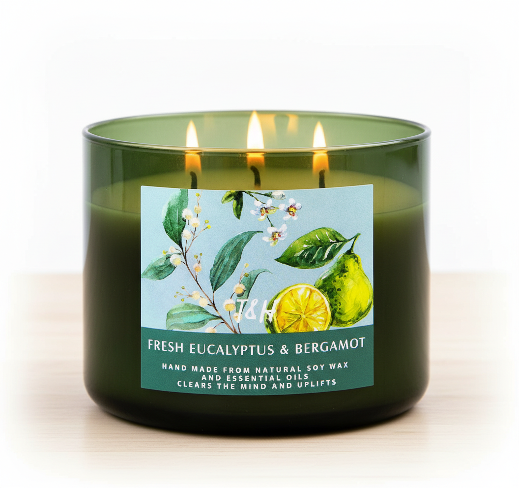 Light Up Your Day with Our Fresh Eucalyptus & Bergamot 3-Wick Candle! 🌿✨ Perfect for Serenity & Style. A Thoughtful Gift for Any Occasion!