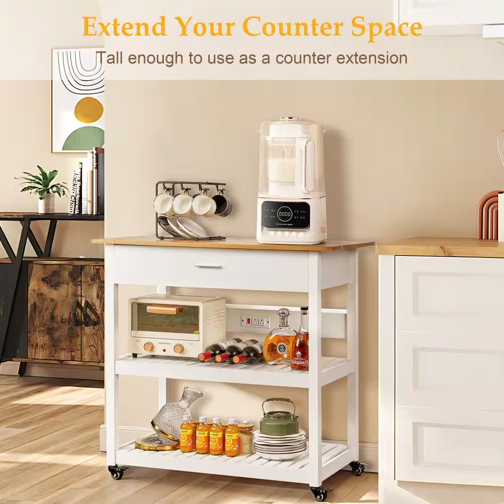 Stylish and Versatile Kitchen Island Cart on Wheels - 40-Inch Rolling Utility Cart with Power Strip and Adjustable White Wood Top for Enhanced Kitchen Storage and Functionality