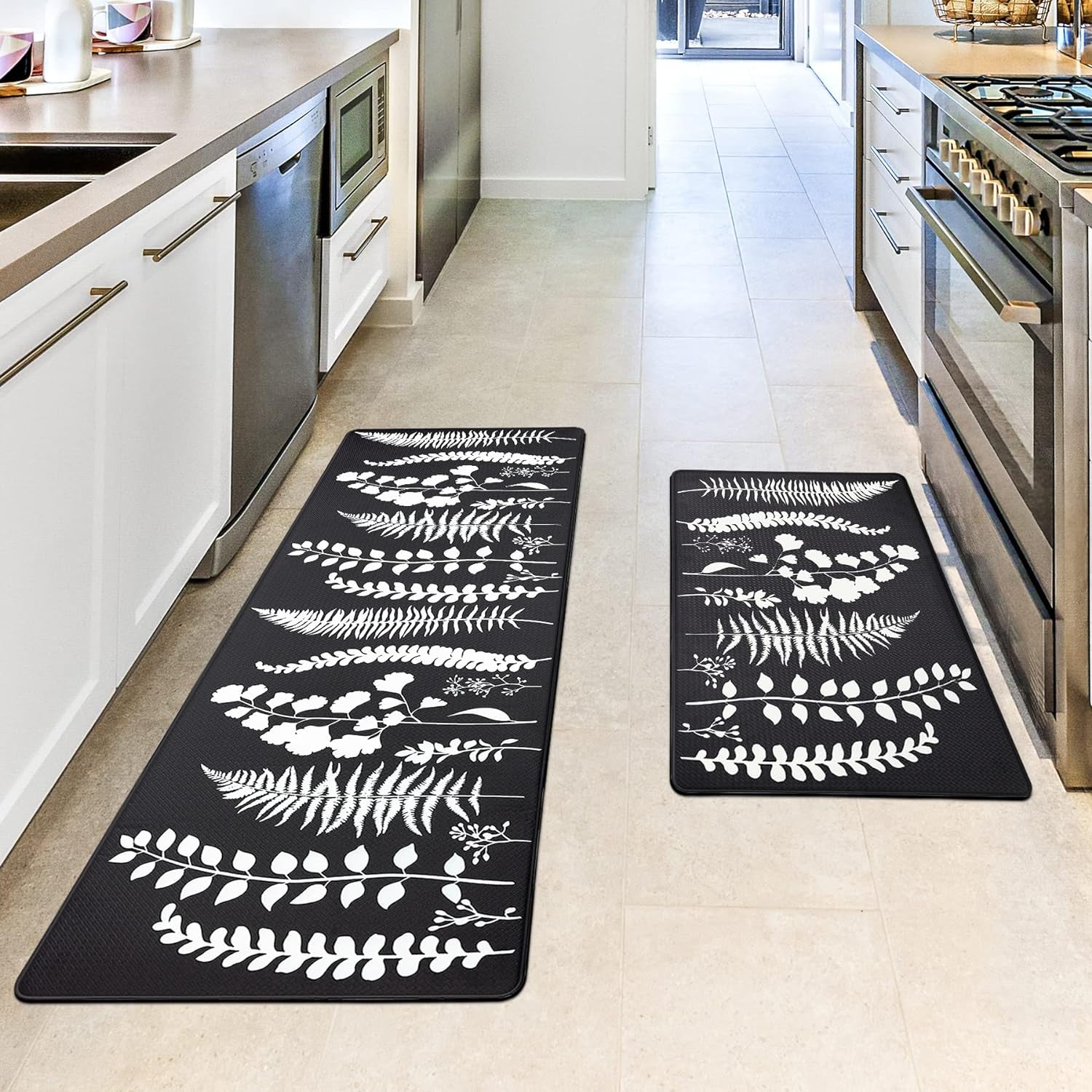 Transform Your Kitchen with Stylish Anti-Fatigue Mats – Waterproof, Non-Slip Comfort for Every Space, Set of 2 (17" x 47" + 17" x 29") in Chic Black and White