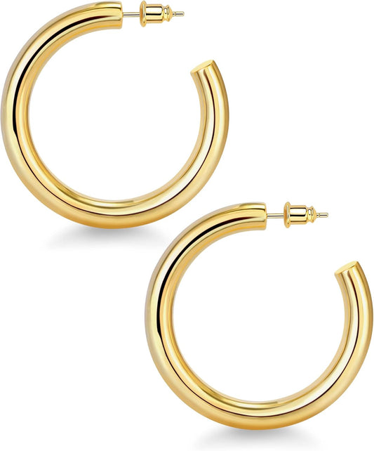 Gold Hoop Earrings, 14K Real Gold Plated Chunky Small Hoop Earrings for Women Lightweight Jewelry Gifts 14/20/30/35/45MM