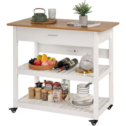 Stylish and Versatile Kitchen Island Cart on Wheels - 40-Inch Rolling Utility Cart with Power Strip and Adjustable White Wood Top for Enhanced Kitchen Storage and Functionality