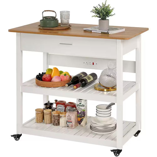 Stylish and Versatile Kitchen Island Cart on Wheels - 40-Inch Rolling Utility Cart with Power Strip and Adjustable White Wood Top for Enhanced Kitchen Storage and Functionality