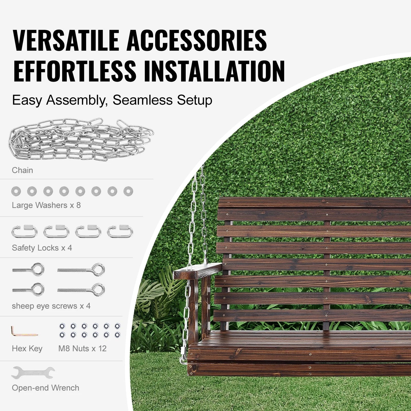 VEVOR Wooden Porch Swing 4.5 Ft, Patio Bench Swing for Courtyard & Garden, Upgraded 880 Lbs Strong Load Capacity, Heavy Duty Swing Chair Bench with Hanging Chains for Outdoors, Carbonized Brown