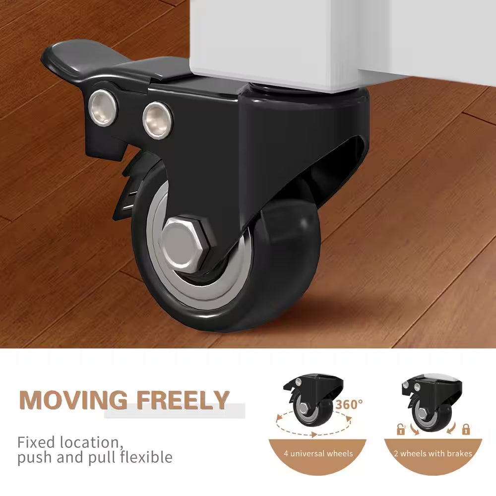 Stylish and Versatile Kitchen Island Cart on Wheels - 40-Inch Rolling Utility Cart with Power Strip and Adjustable White Wood Top for Enhanced Kitchen Storage and Functionality