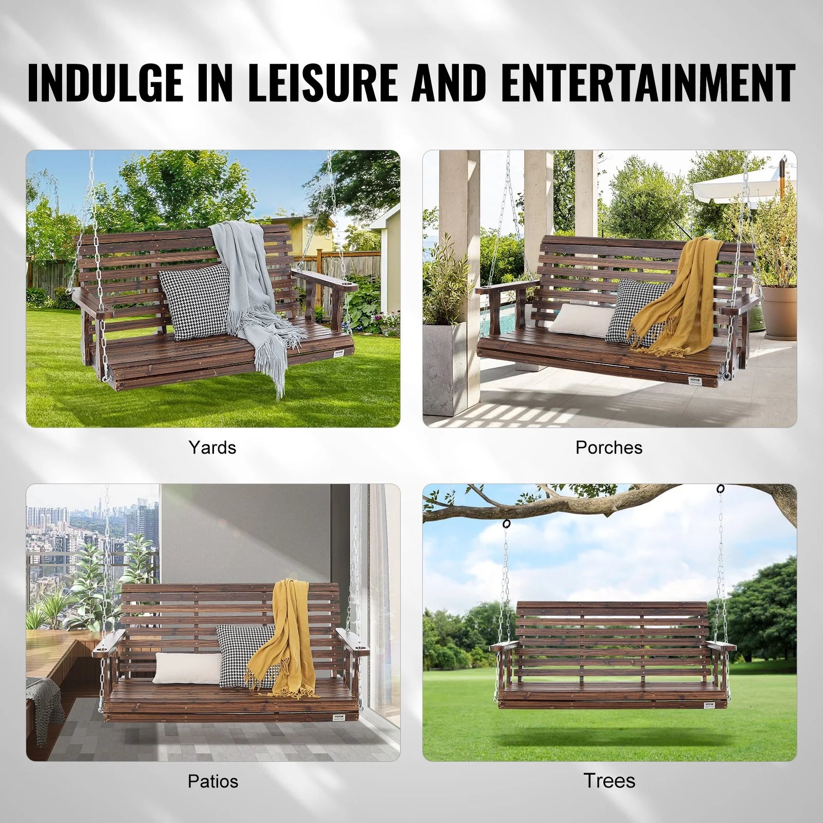 VEVOR Wooden Porch Swing 4.5 Ft, Patio Bench Swing for Courtyard & Garden, Upgraded 880 Lbs Strong Load Capacity, Heavy Duty Swing Chair Bench with Hanging Chains for Outdoors, Carbonized Brown